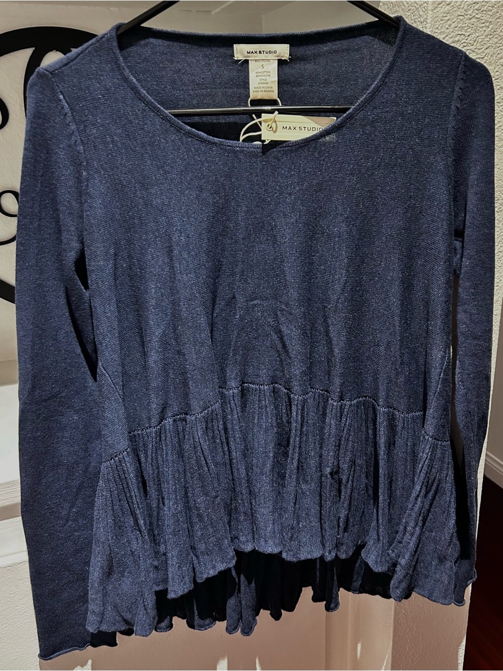 Max Studio Blue Long-Sleeve Peplum Knit Top